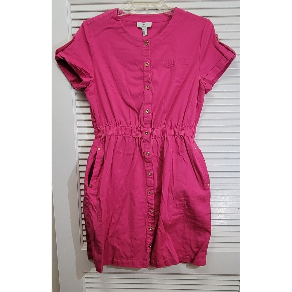 Pink Button Front Elastic Waist Short Sleeve Shirt Dress H Halston Large